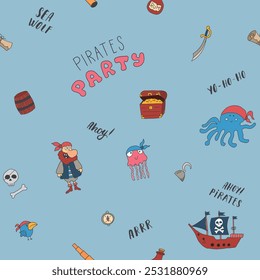 Cute Pirate elements Seamless Pattern. Cartoon items Pirate and objects. background. Vector illustration.