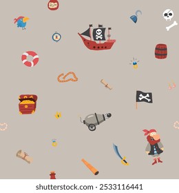 Cute Pirate elements Seamless Pattern. Cartoon items Pirate and objects. background. Vector illustration.