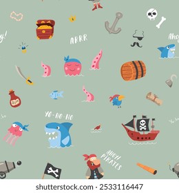 Cute Pirate elements Seamless Pattern. Cartoon items Pirate and objects. background. Vector illustration.