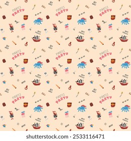 Cute Pirate elements Seamless Pattern. Cartoon items Pirate and objects. background. Vector illustration.