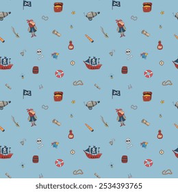 Cute Pirate elements Seamless Pattern. Cartoon items Pirate and objects. background. Vector illustration.