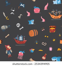 Cute Pirate elements Seamless Pattern. Cartoon items Pirate and objects. background. Vector illustration.