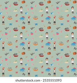 Cute Pirate elements Seamless Pattern. Cartoon items Pirate and objects. background. Vector illustration.