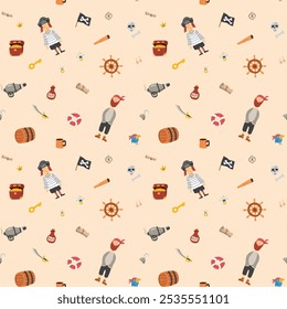 Cute Pirate elements Seamless Pattern. Cartoon items Pirate and objects. background. Vector illustration.