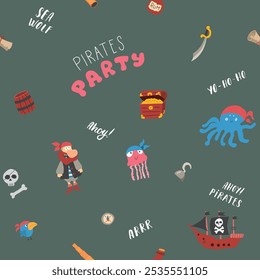 Cute Pirate elements Seamless Pattern. Cartoon items Pirate and objects. background. Vector illustration.