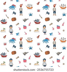 Cute Pirate elements Seamless Pattern. Cartoon items Pirate and objects. background. Vector illustration.