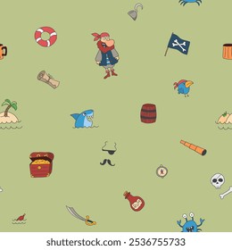 Cute Pirate elements Seamless Pattern. Cartoon items Pirate and objects. background. Vector illustration.