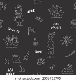 Cute Pirate elements Seamless Pattern. Cartoon items Pirate and objects. background. Vector illustration.