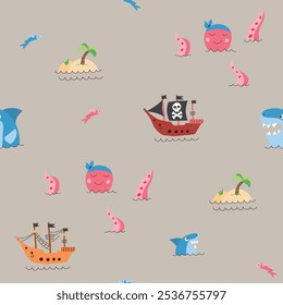 Cute Pirate elements Seamless Pattern. Cartoon items Pirate and objects. background. Vector illustration.