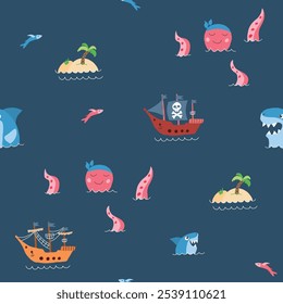 Cute Pirate elements Seamless Pattern. Cartoon items Pirate and objects. background. Vector illustration.