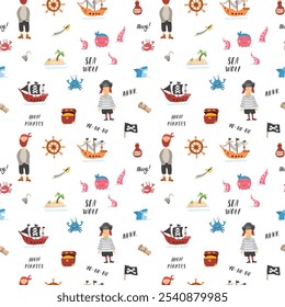 Cute Pirate elements Seamless Pattern. Cartoon items Pirate and objects. background. Vector illustration.