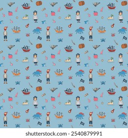 Cute Pirate elements Seamless Pattern. Cartoon items Pirate and objects. background. Vector illustration.