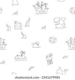 Cute Pirate elements Seamless Pattern. Cartoon items Pirate and objects. background. Vector illustration.