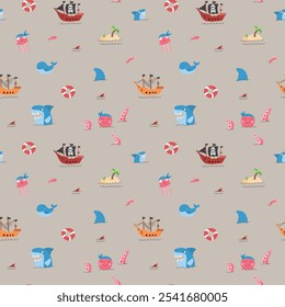 Cute Pirate elements Seamless Pattern. Cartoon items Pirate and objects. background. Vector illustration.