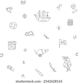 Cute Pirate elements Seamless Pattern. Cartoon items Pirate and objects. background. Vector illustration.