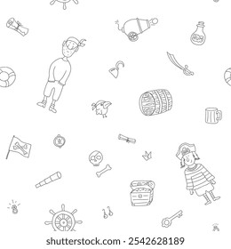 Cute Pirate elements Seamless Pattern. Cartoon items Pirate and objects. background. Vector illustration.