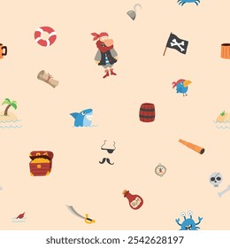 Cute Pirate elements Seamless Pattern. Cartoon items Pirate and objects. background. Vector illustration.