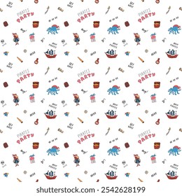 Cute Pirate elements Seamless Pattern. Cartoon items Pirate and objects. background. Vector illustration.