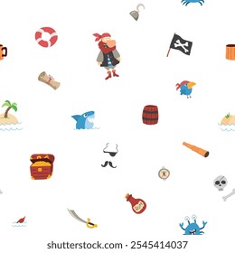 Cute Pirate elements Seamless Pattern. Cartoon items Pirate and objects. background. Vector illustration.