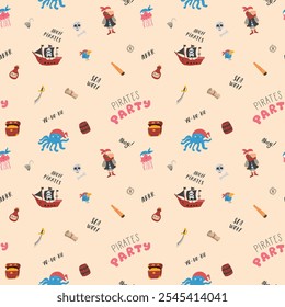 Cute Pirate elements Seamless Pattern. Cartoon items Pirate and objects. background. Vector illustration.