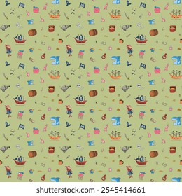 Cute Pirate elements Seamless Pattern. Cartoon items Pirate and objects. background. Vector illustration.