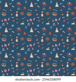 Cute Pirate elements Seamless Pattern. Cartoon items Pirate and objects. background. Vector illustration.