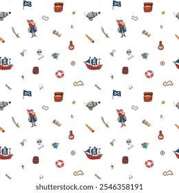 Cute Pirate elements Seamless Pattern. Cartoon items Pirate and objects. background. Vector illustration.