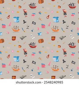 Cute Pirate elements Seamless Pattern. Cartoon items Pirate and objects. background. Vector illustration.