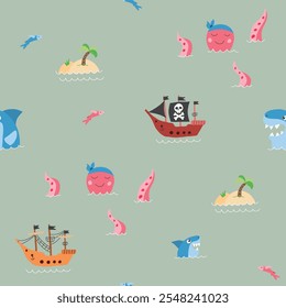 Cute Pirate elements Seamless Pattern. Cartoon items Pirate and objects. background. Vector illustration.