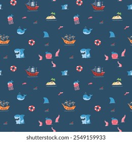 Cute Pirate elements Seamless Pattern. Cartoon items Pirate and objects. background. Vector illustration.