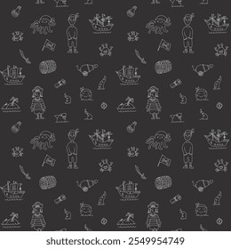 Cute Pirate elements Seamless Pattern. Cartoon items Pirate and objects. background. Vector illustration.