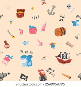 Cute Pirate elements Seamless Pattern. Cartoon items Pirate and objects. background. Vector illustration.