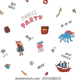 Cute Pirate elements Seamless Pattern. Cartoon items Pirate and objects. background. Vector illustration.