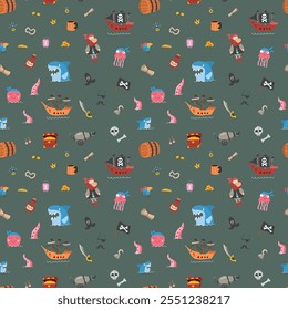 Cute Pirate elements Seamless Pattern. Cartoon items Pirate and objects. background. Vector illustration.