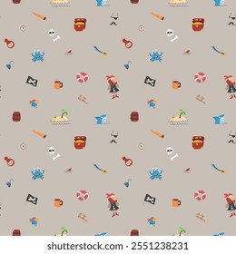 Cute Pirate elements Seamless Pattern. Cartoon items Pirate and objects. background. Vector illustration.