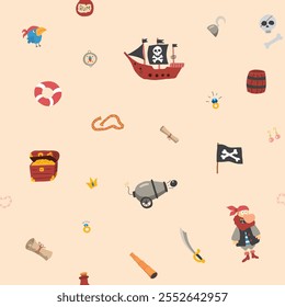 Cute Pirate elements Seamless Pattern. Cartoon items Pirate and objects. background. Vector illustration.