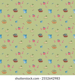 Cute Pirate elements Seamless Pattern. Cartoon items Pirate and objects. background. Vector illustration.