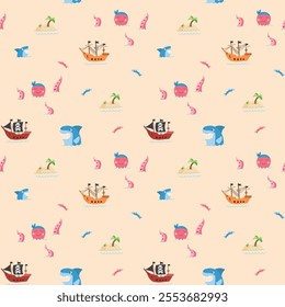 Cute Pirate elements Seamless Pattern. Cartoon items Pirate and objects. background. Vector illustration.