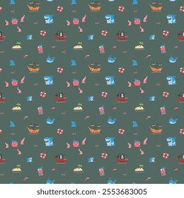 Cute Pirate elements Seamless Pattern. Cartoon items Pirate and objects. background. Vector illustration.