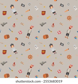 Cute Pirate elements Seamless Pattern. Cartoon items Pirate and objects. background. Vector illustration.