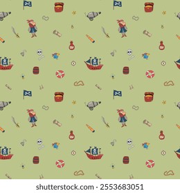 Cute Pirate elements Seamless Pattern. Cartoon items Pirate and objects. background. Vector illustration.