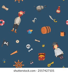 Cute Pirate elements Seamless Pattern. Cartoon items Pirate and objects. background. Vector illustration.