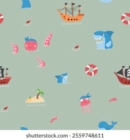 Cute Pirate elements Seamless Pattern. Cartoon items Pirate and objects. background. Vector illustration.