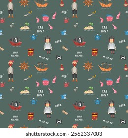 Cute Pirate elements Seamless Pattern. Cartoon items Pirate and objects. background. Vector illustration.