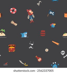 Cute Pirate elements Seamless Pattern. Cartoon items Pirate and objects. background. Vector illustration.