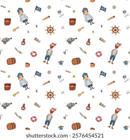 Cute Pirate elements Seamless Pattern. Cartoon items Pirate and objects. background. Vector illustration.