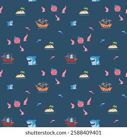 Cute Pirate elements Seamless Pattern. Cartoon items Pirate and objects. background. Vector illustration.