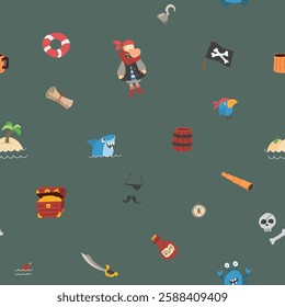 Cute Pirate elements Seamless Pattern. Cartoon items Pirate and objects. background. Vector illustration.