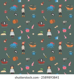 Cute Pirate elements Seamless Pattern. Cartoon items Pirate and objects. background. Vector illustration.