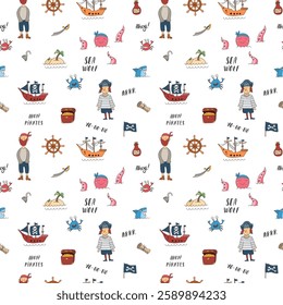 Cute Pirate elements Seamless Pattern. Cartoon items Pirate and objects. background. Vector illustration.